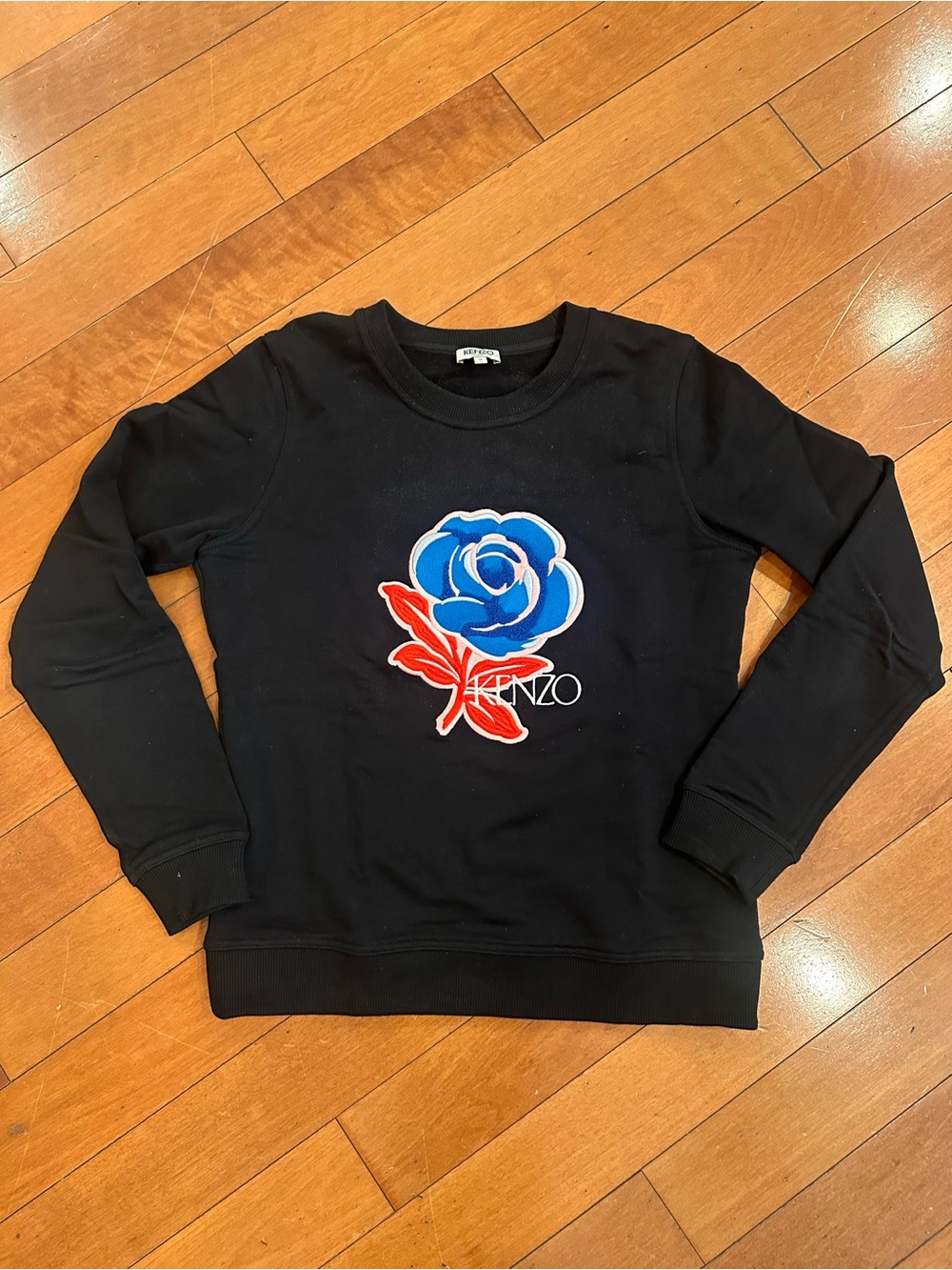 KENZO Black Crewneck Sweatshirt with Blue & Red Rose, size small
